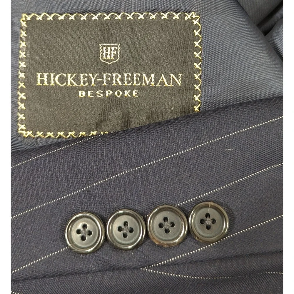 Mens Hickey Freeman Bespoke‎ Blazer Sport Jacket Wool 44R Blue Pin Stripe Flaw